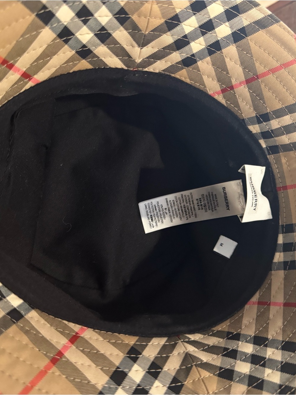 Burberry Tan Plaid Bucket Hat with Black & Red Accents - Picture 6 of 10